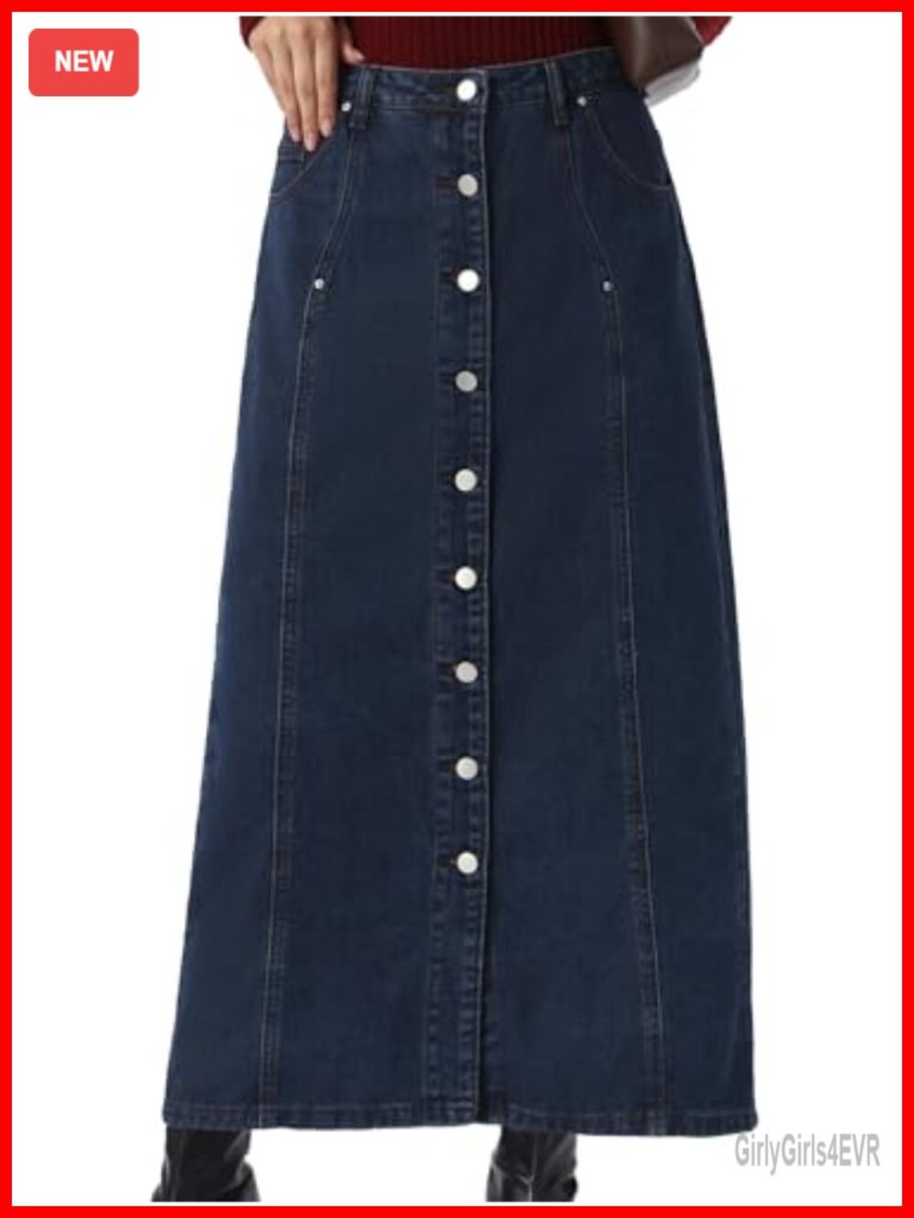 Button Down Maxi Jean Skirt H-Line High Waisted Cotton Blend